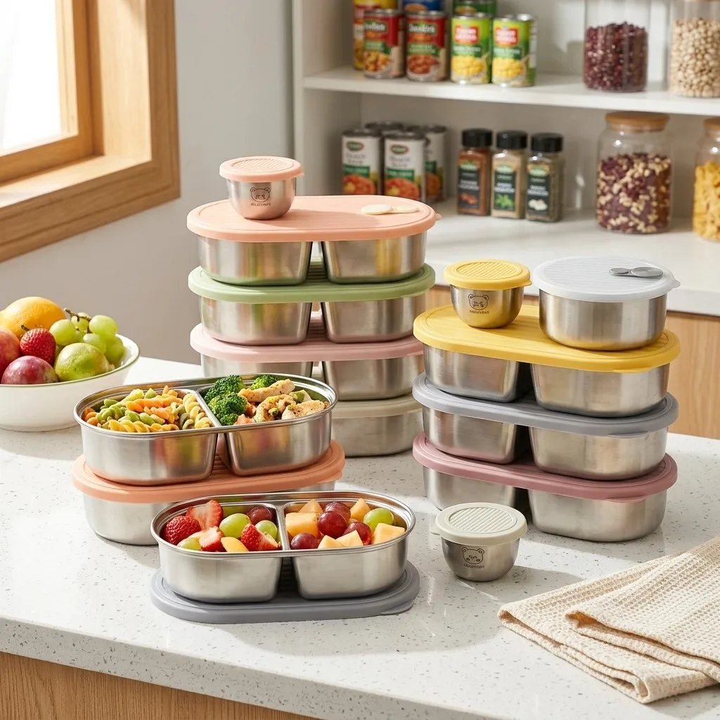 Food Storage With Dividers - Mikrodalgaya Uygun, 304 Paslanmaz Çelikten Üretilmiş,